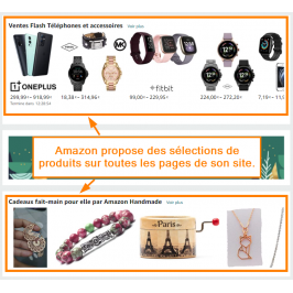 Amazon propose des sélections de produits sur toutes les pages de son site.