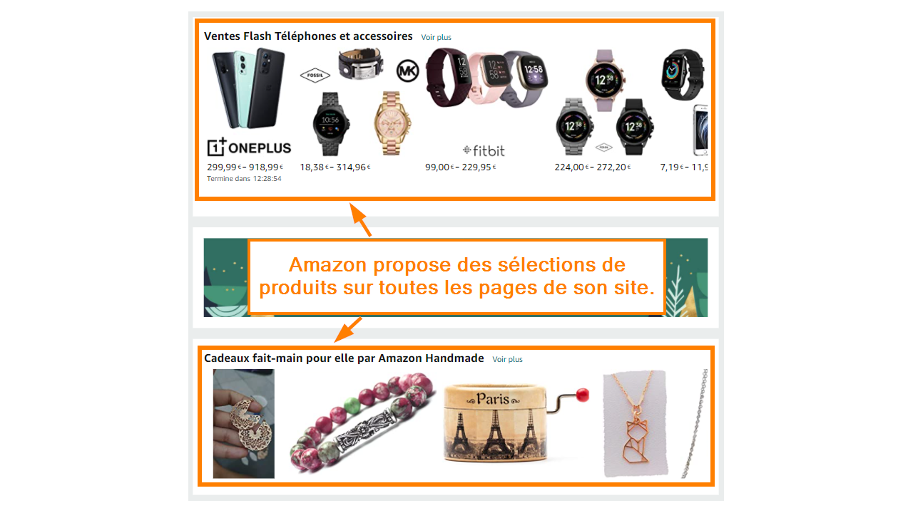 Amazon propose des sélections de produits sur toutes les pages de son site.
